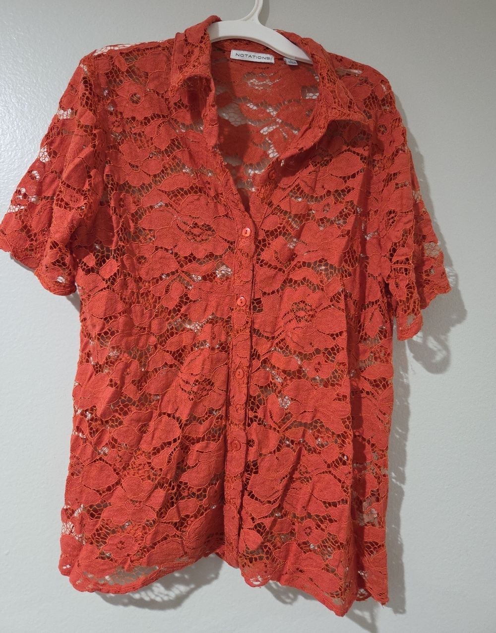Notations Orange Coral Lace Button-Down Shirt
